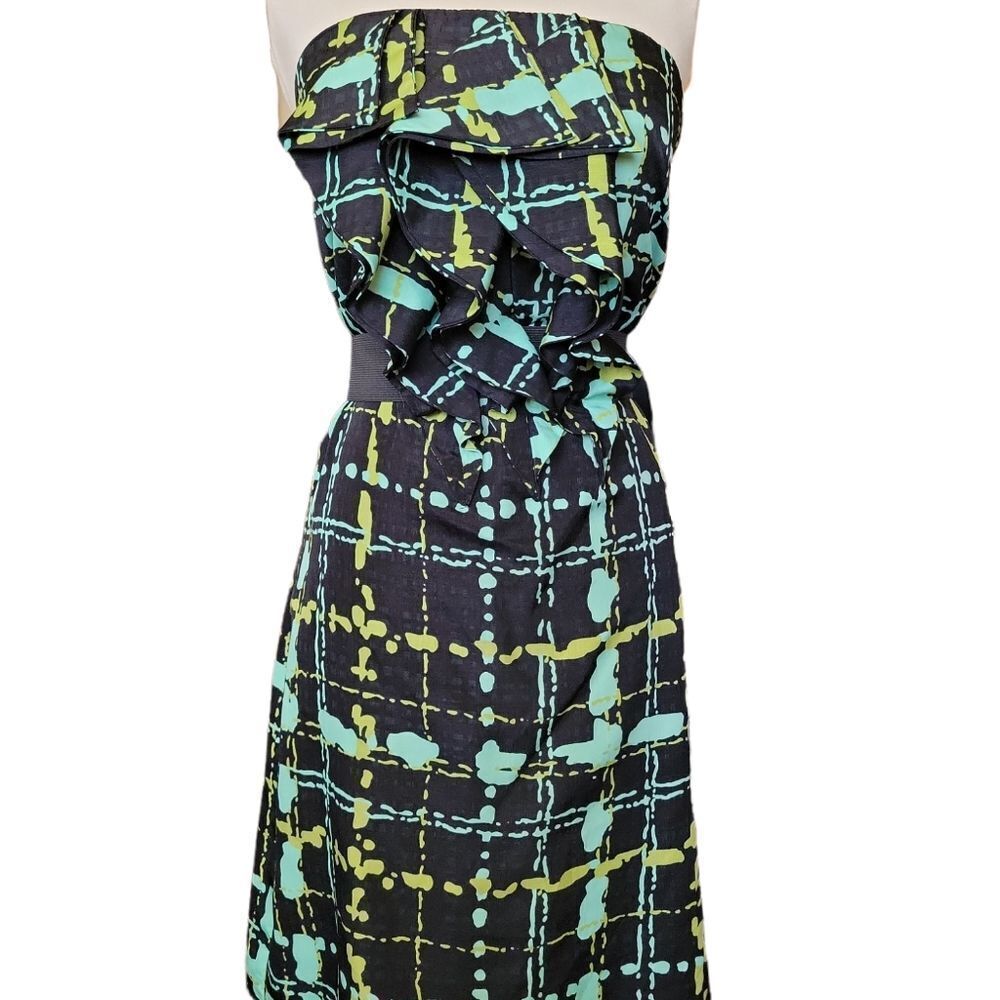 The Limited Green & Black Ruffled Strapless Dress w/ Elastic Belt Size 2